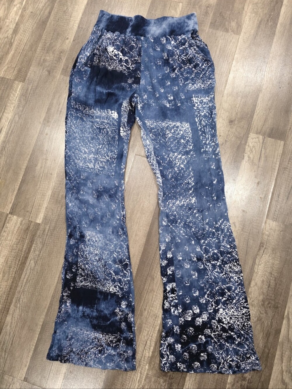 SCRAPBOOK BOHO Blue Tie-Dye Patchwork Wide Leg Pants Festical Gypsy Hippie